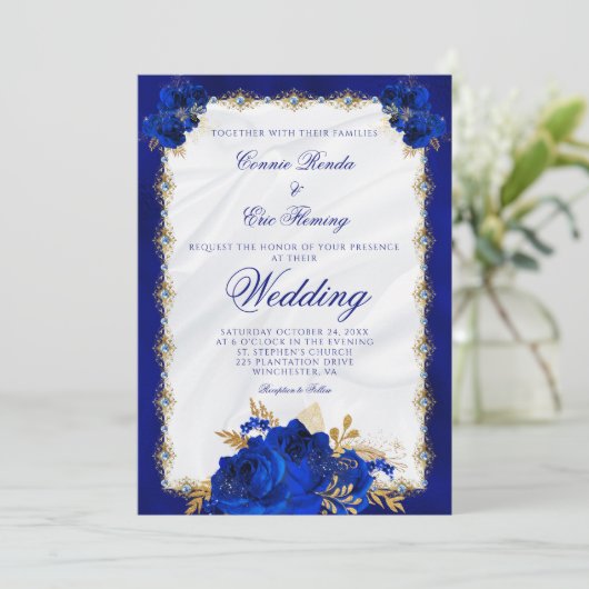Elegant Royal Blue Monogram Rozen Formele bruiloft Kaart (Staand voorkant)