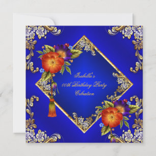 Elegant Royal Blue Oranje Purple Flowers Party Kaart