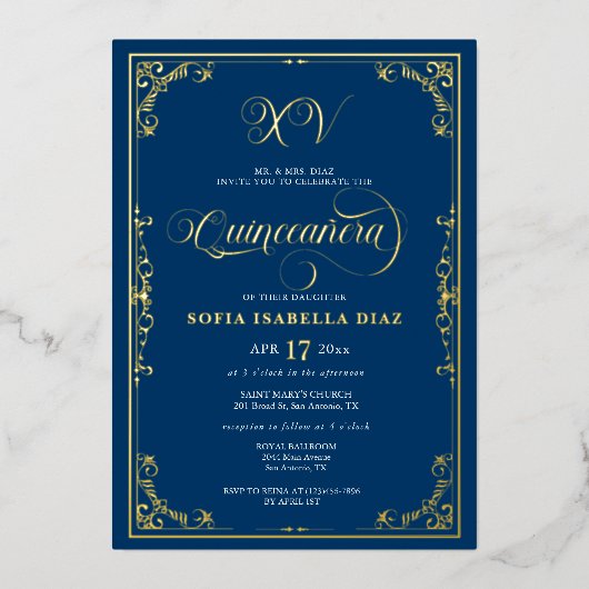 Elegant Royal Blue Quinceañera Gold of Silver Folie Uitnodiging (Voorkant)