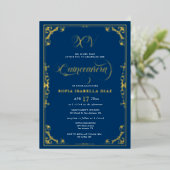Elegant Royal Blue Quinceañera Gold of Silver Folie Uitnodiging (Staand Voorkant)