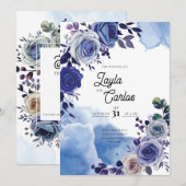 Elegant Royal Blue Roos Fancy QR Code Weddenschap Kaart (Voorkant / Achterkant)