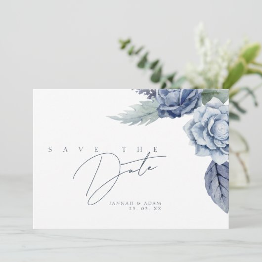 Elegant Royal Blue Rozen Bloemenbruiloft Save The Date (Staand voorkant)