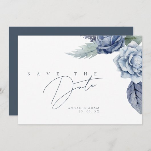 Elegant Royal Blue Rozen Bloemenbruiloft Save The Date (Voorkant / Achterkant)