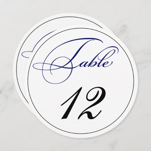 Élégant Royal Blue Script Round Table Numéro Carte (Devant / Derrière)