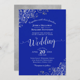 Elegant Royal Blue & Silver Calligraphy Wedding Kaart