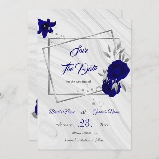 Elegant Royal Blue Silver Grey Geometrisch Save th Save The Date (Voorkant / Achterkant)