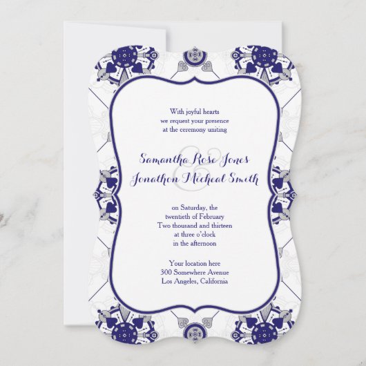 Elegant Royal Blue Silver Medallion Print Wedding Kaart (Voorkant)