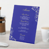 Elegant Royal Blue Silver Script Wedding Menu Reclamebord Met Voetstuk (Insitu)