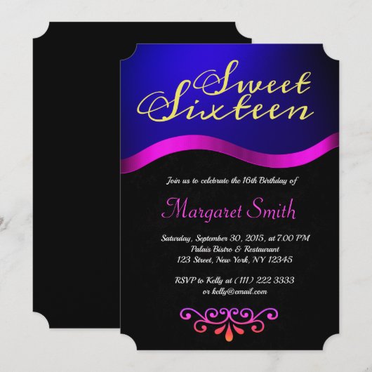 Elégant Royal Blue Sweet 16 Invitation (Devant / Derrière)