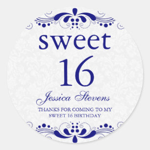 Elegant Royal-Blue Tones Floral Lace White Dammask Ronde Sticker