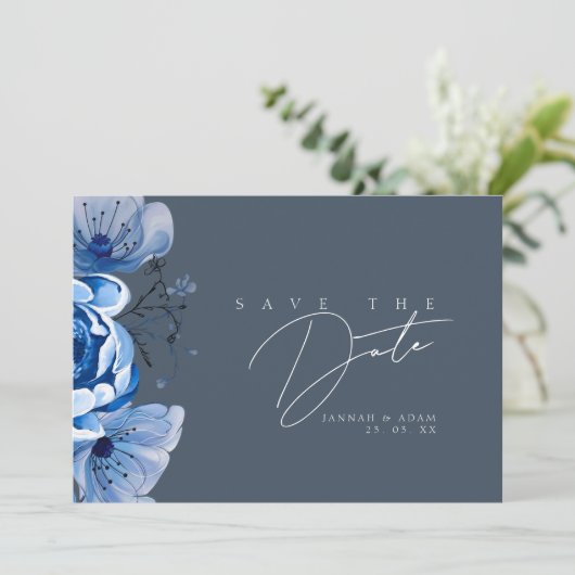 Elegant Royal Blue weelde bloemenbruiloft Rozen Save The Date (Staand voorkant)