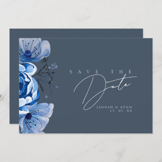 Elegant Royal Blue weelde bloemenbruiloft Rozen Save The Date (Voorkant / Achterkant)