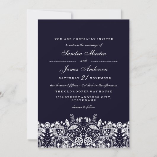 Elégant Royal Blue White Lace Mariage Invitation (Devant)