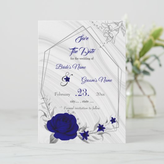 elegant royal blue zilver grijs geometrisch save the date (Staand voorkant)