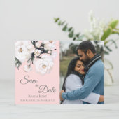 Elegant Roze 3 Foto White Floral Wedding Save The Date (Staand voorkant)