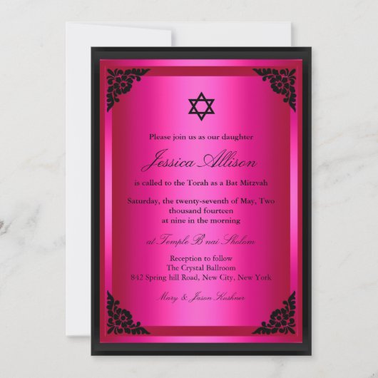 Elegant roze & Black Bat Mitzvah Uitnodiging (Voorkant)
