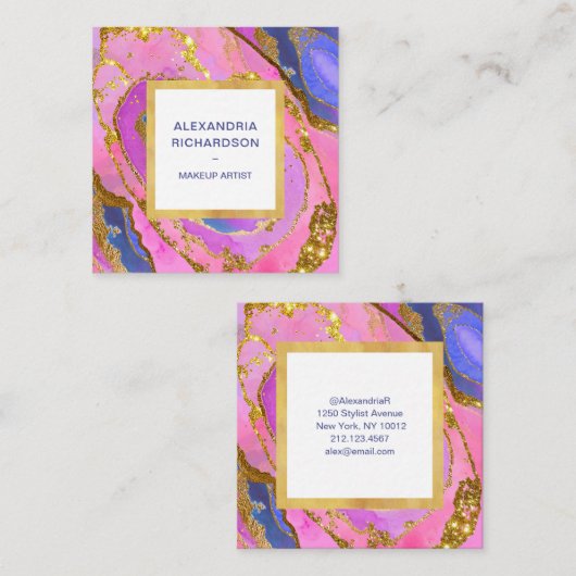 Elegant roze blauw en goudgeode vierkante visitekaartje (Voorkant / Achterkant)