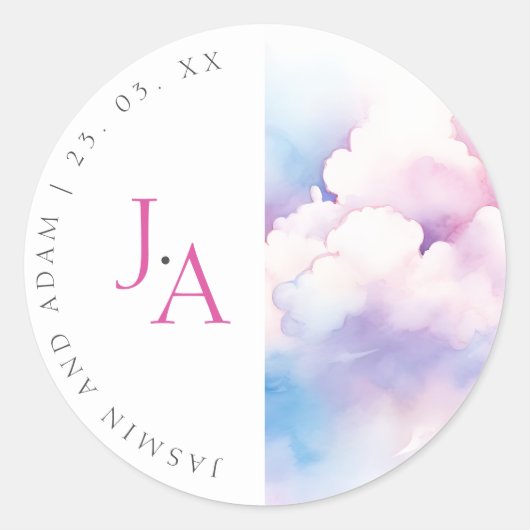 Elegant Roze Blauw Wit Wolken Monogram Bruiloft Ronde Sticker (Voorkant)