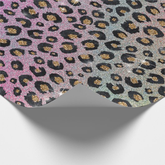 Elegant roze blauwe glitter zwarte luipaard afdruk cadeaupapier (Hoek)