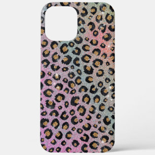 Elegant roze blauwe glitter zwarte luipaard afdruk iPhone 12 pro max hoesje