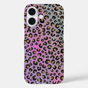Elegant roze blauwe glitter zwarte luipaard afdruk iPhone 16 hoesje
