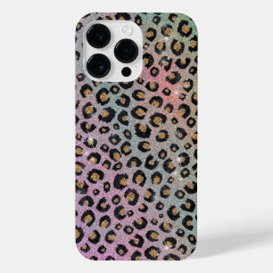 Elegant roze blauwe glitter zwarte luipaard afdruk iPhone 14 pro max hoesje