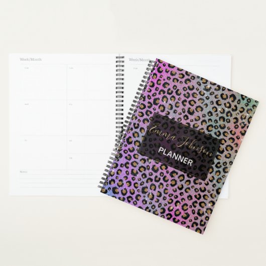 Elegant roze blauwe glitter zwarte luipaard afdruk planner (Display)