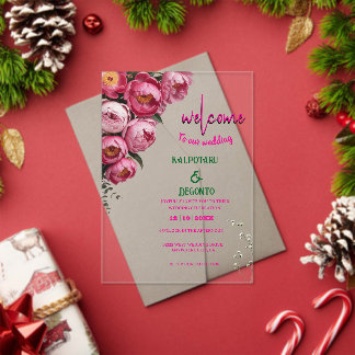 Elegant roze bloem bruiloft welkom bord acryl uitnodigingen