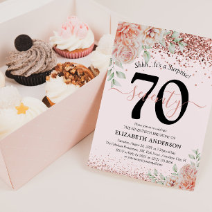 Elegant Roze Bloem en Glitter 70e Verjaardagsfeest Kaart