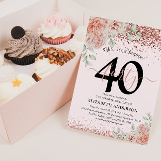Elegant Roze Bloem & Glitter 40e Verjaardagsfeestj Kaart