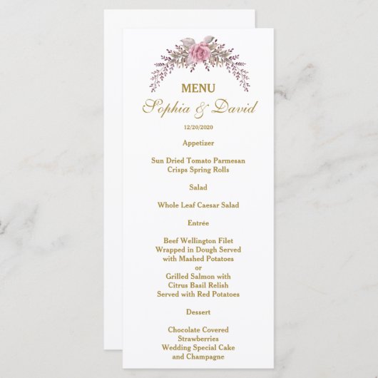 Elegant Roze Bloem Gouden Lijst Huwelijksmenu Menu (Voorkant / Achterkant)