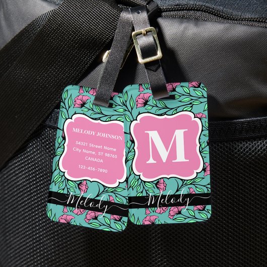 Elegant Roze Bloemen Bagagelabel met Monogram