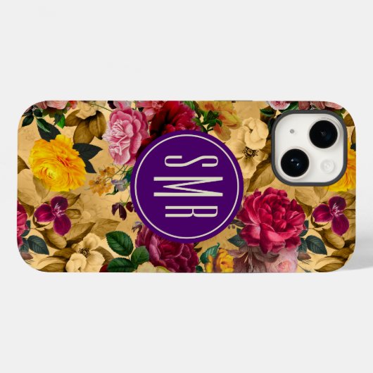 Elegant roze bloemen geel monogram Case-Mate iPhone case (Achterkant (horizontaal))