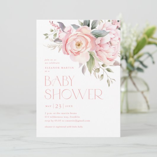 Elegant roze bloemen groen tuin Baby shower Kaart (Staand voorkant)