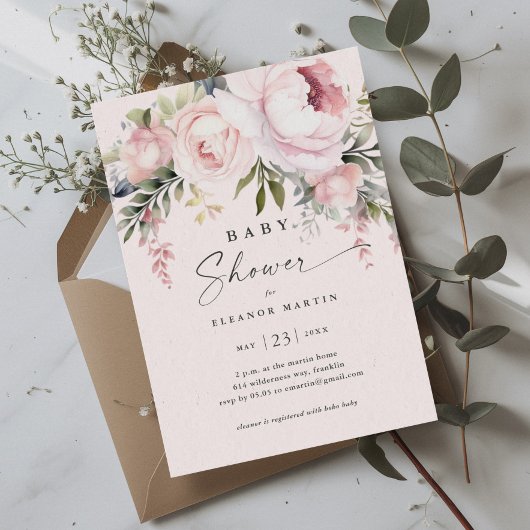 Elegant roze bloemen groen tuin Baby shower Kaart