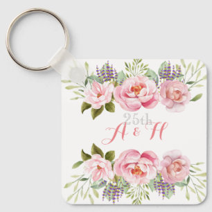 Elegant Roze Bloemen Monogram 25e Huwelijkscadeau Sleutelhanger