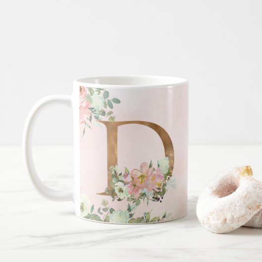 Elegant Roze Bloemen Monogram D Koffie Mok (Met donut)