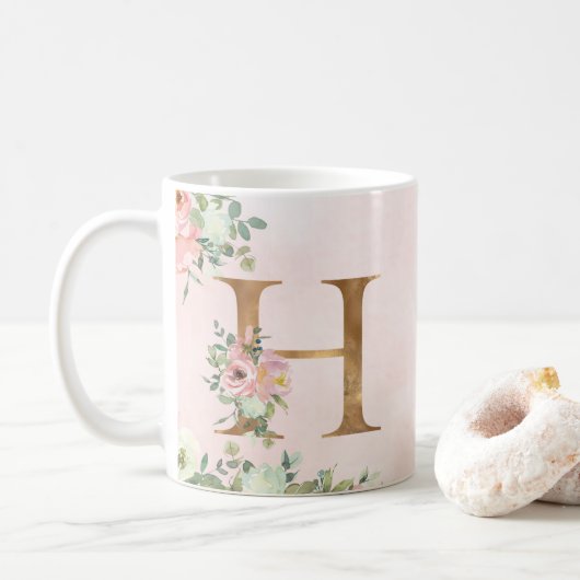 Elegant Roze Bloemen Monogram H Koffie Mok (Met donut)