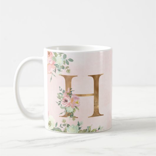 Elegant Roze Bloemen Monogram H Koffie Mok (Links)