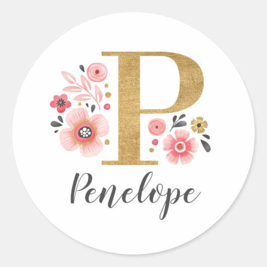 Elegant Roze Bloemen Monogram Initiaal Gouden Lett Ronde Sticker (Voorkant)