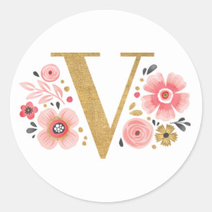 Elegant Roze Bloemen Monogram Initiaal Gouden Lett Ronde Sticker
