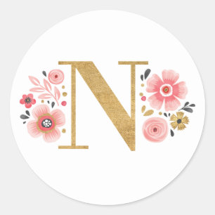Elegant Roze Bloemen Monogram Initiaal Gouden Lett Ronde Sticker