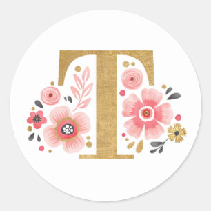 Elegant Roze Bloemen Monogram Initiaal Gouden Lett Ronde Sticker