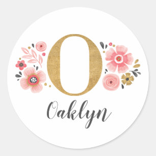 Elegant Roze Bloemen Monogram Initiaal Gouden Lett Ronde Sticker