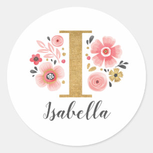 Elegant Roze Bloemen Monogram Initiaal Letter I Ronde Sticker