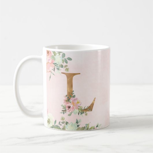 Elegant Roze Bloemen Monogram L Koffie Mok (Links)