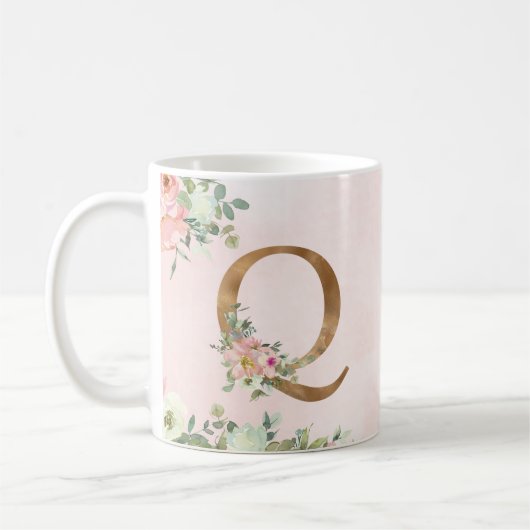 Elegant Roze Bloemen Monogram Q Koffie Mok (Links)