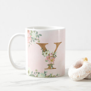 Elegant Roze Bloemen Monogram Y Koffie Mok