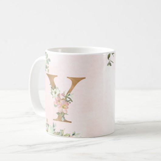 Elegant Roze Bloemen Monogram Y Koffie Mok (Voorkant links)