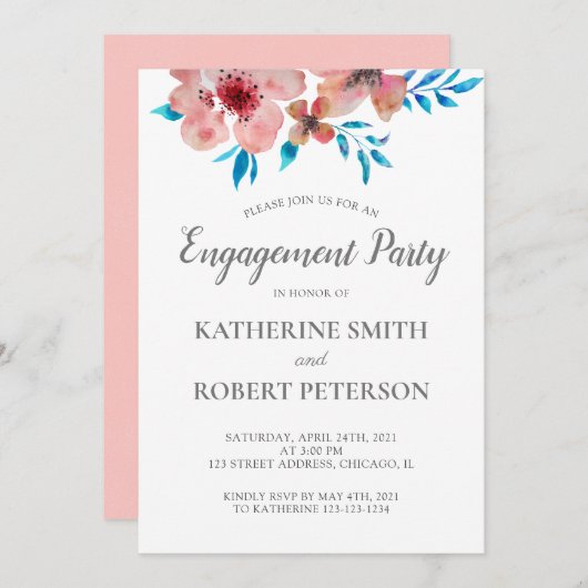 Elegant roze bloemen Waterverf Weddenschap Verlovi Kaart (Voorkant / Achterkant)